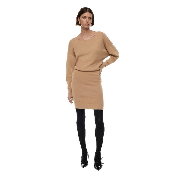 Aritzia Dresses & Skirts - Aritzia Babaton Continent Dress S Gold Camel Boat Neck Dolman Knit Sweater Mini